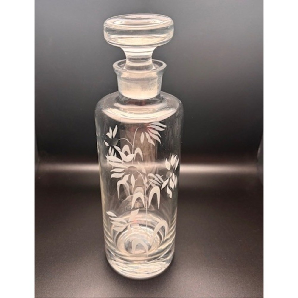 Vintage Etched Floral Clear Glass Decanter Apothecary Bottle with Stopper
